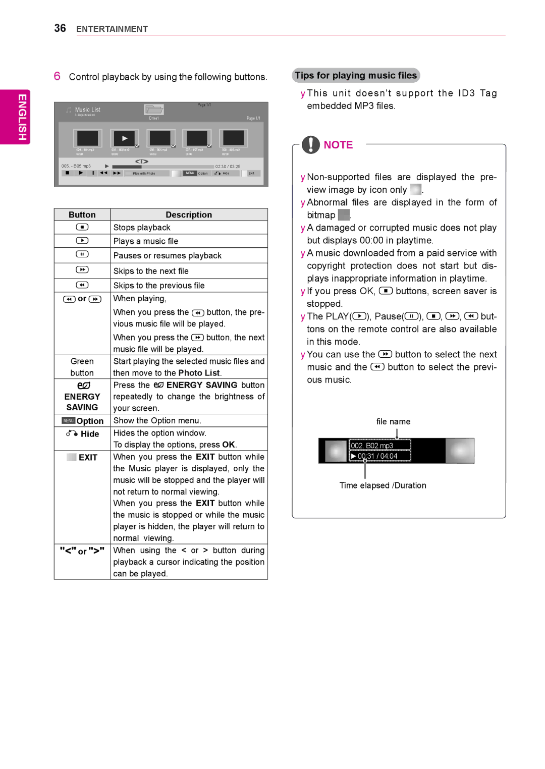 LG Electronics 42WS50BS Control playback by using the following buttons, Button Description, Energy Saving button, Exit 