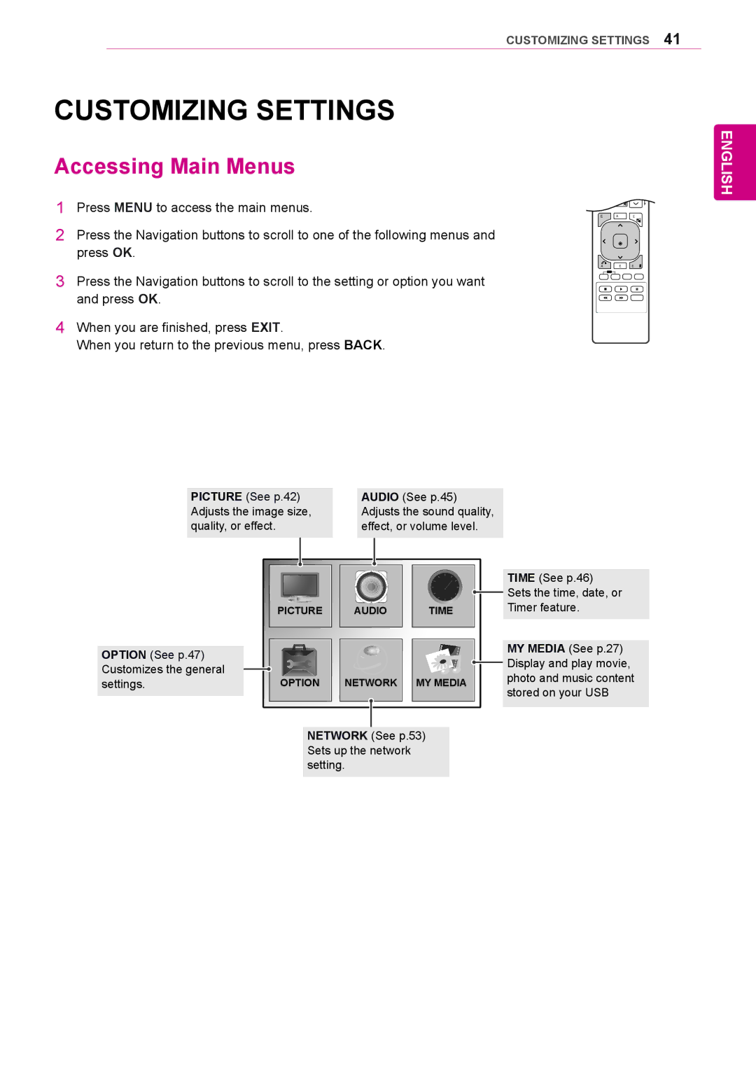 LG Electronics 47WS50BS, 42WS50BS owner manual Customizing Settings, Accessing Main Menus 