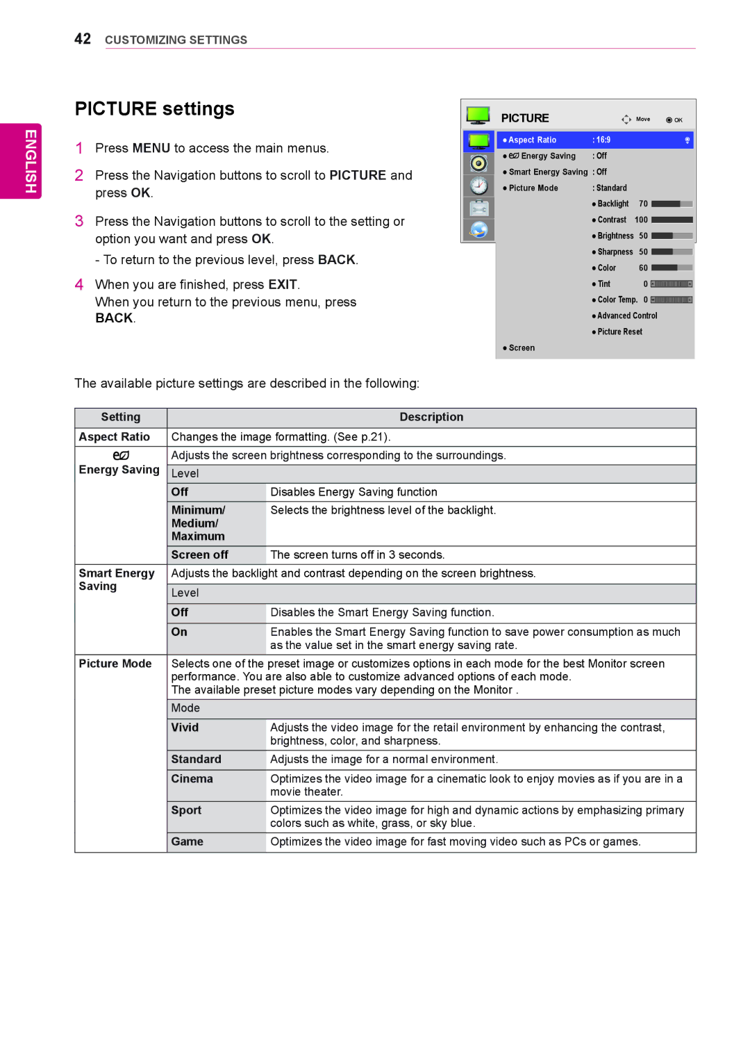 LG Electronics 42WS50BS, 47WS50BS owner manual Picture settings 