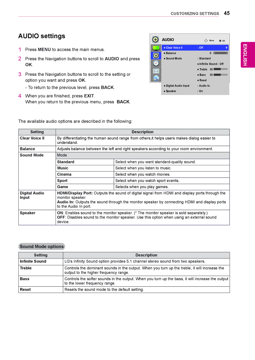 LG Electronics 47WS50BS, 42WS50BS owner manual Audio settings, Sound Mode options 