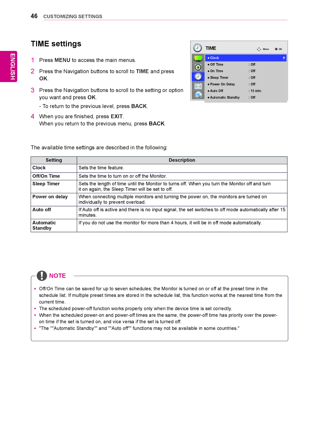 LG Electronics 42WS50BS, 47WS50BS owner manual Time settings, Minutes 