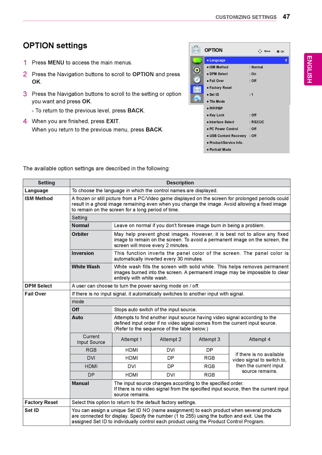 LG Electronics 47WS50BS, 42WS50BS owner manual Option settings 