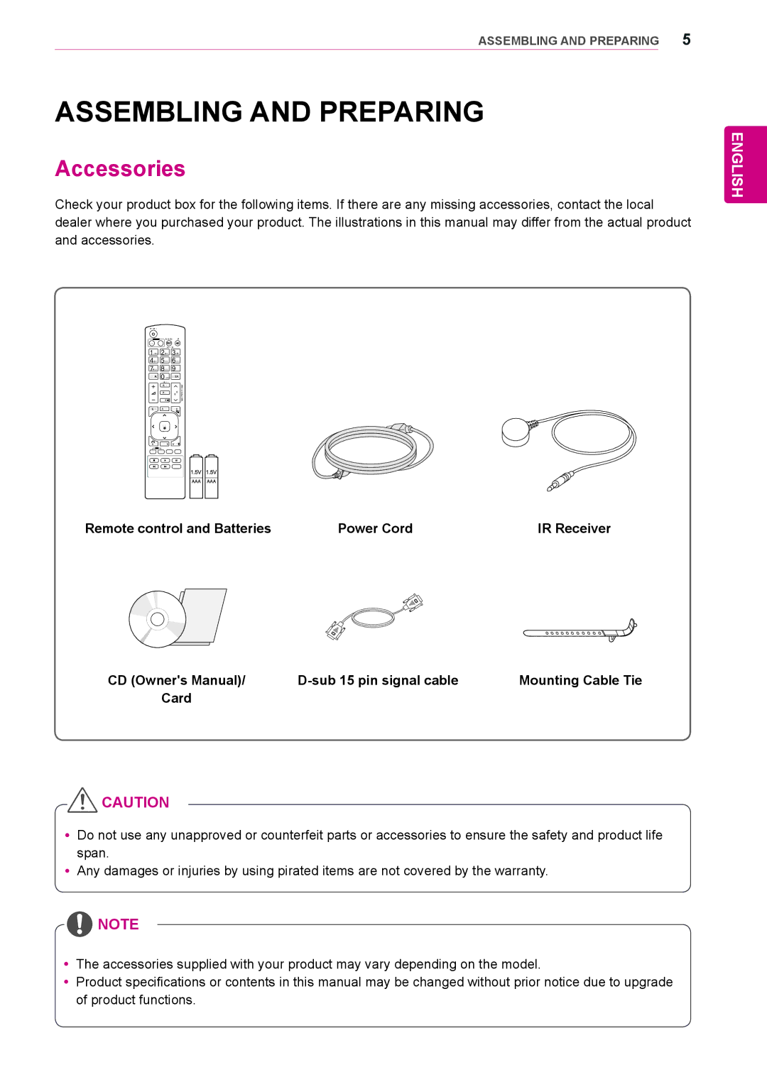 LG Electronics 47WS50BS, 42WS50BS owner manual Assembling and Preparing, Accessories 