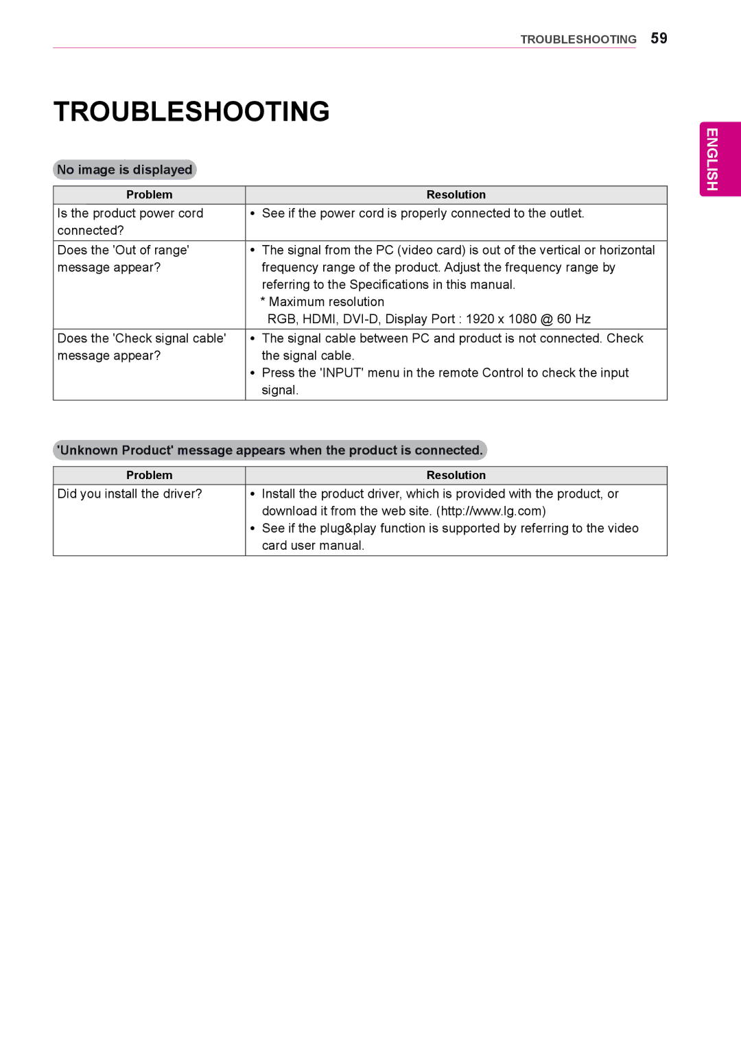 LG Electronics 47WS50BS, 42WS50BS owner manual Troubleshooting, No image is displayed, Problem Resolution 