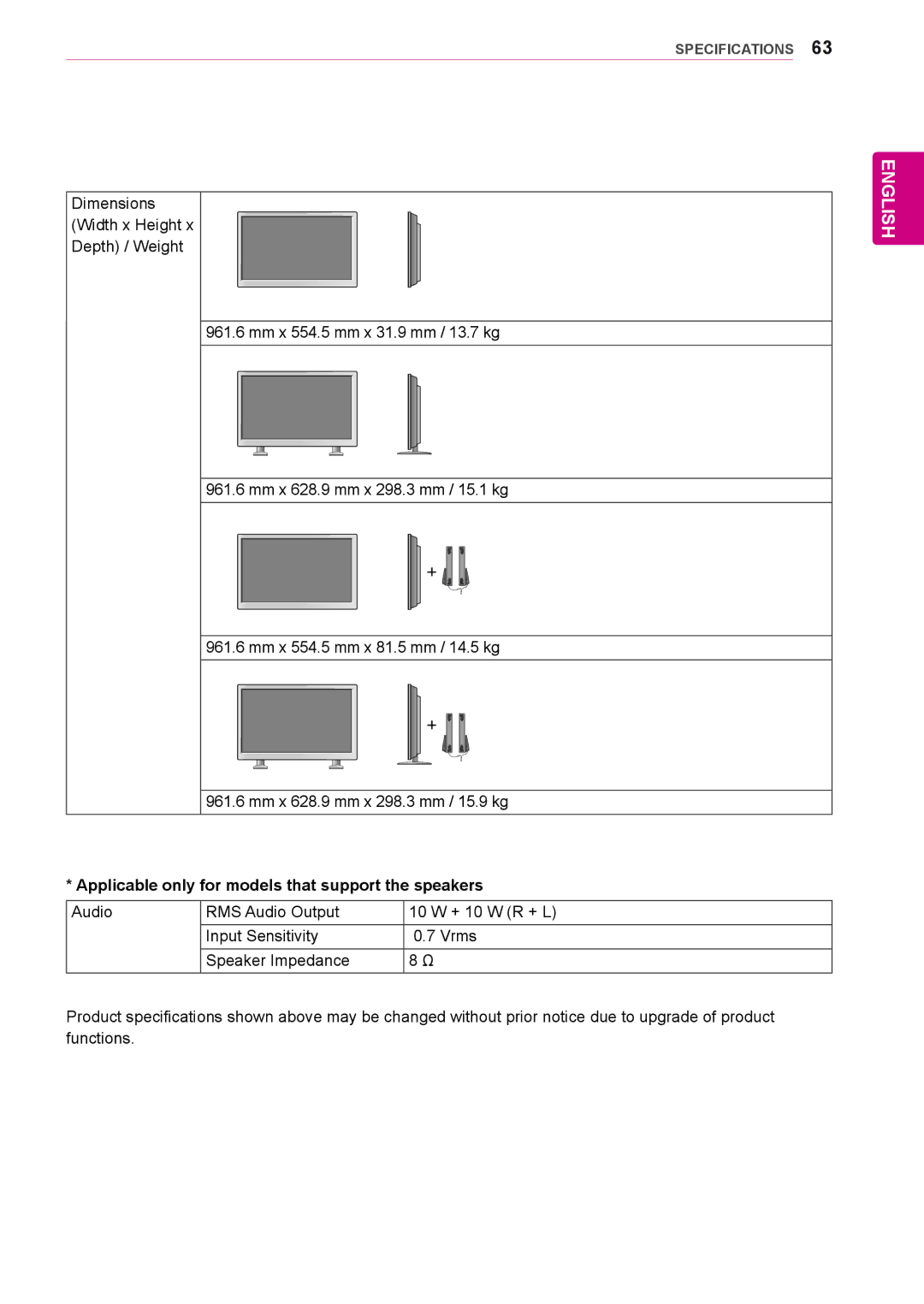 LG Electronics 47WS50BS, 42WS50BS owner manual Applicable only for models that support the speakers 