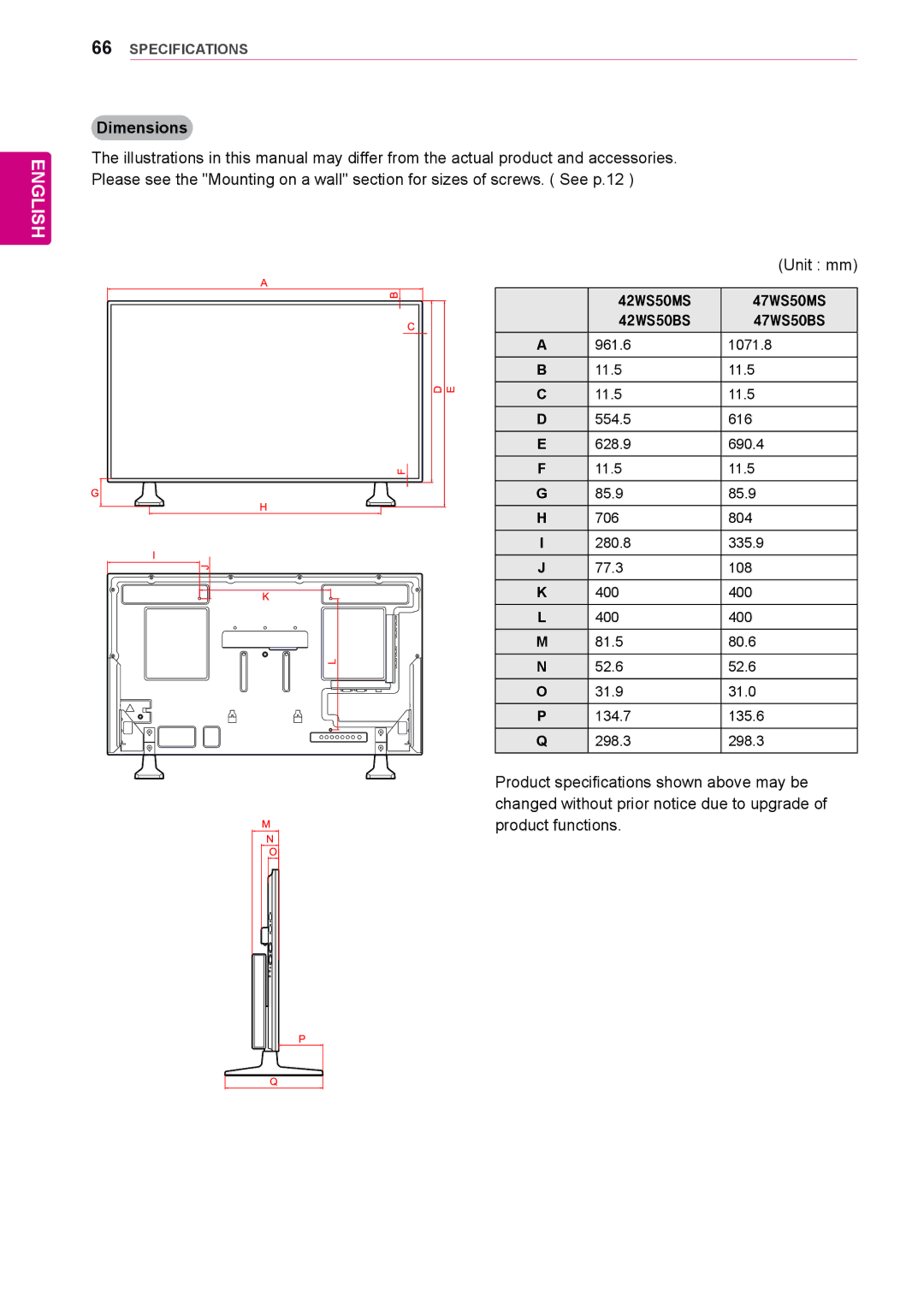 LG Electronics 42WS50BS, 47WS50BS owner manual Dimensions 