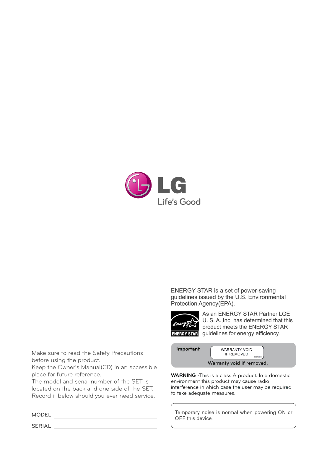 LG Electronics 42WS50BS, 47WS50BS owner manual Serial 