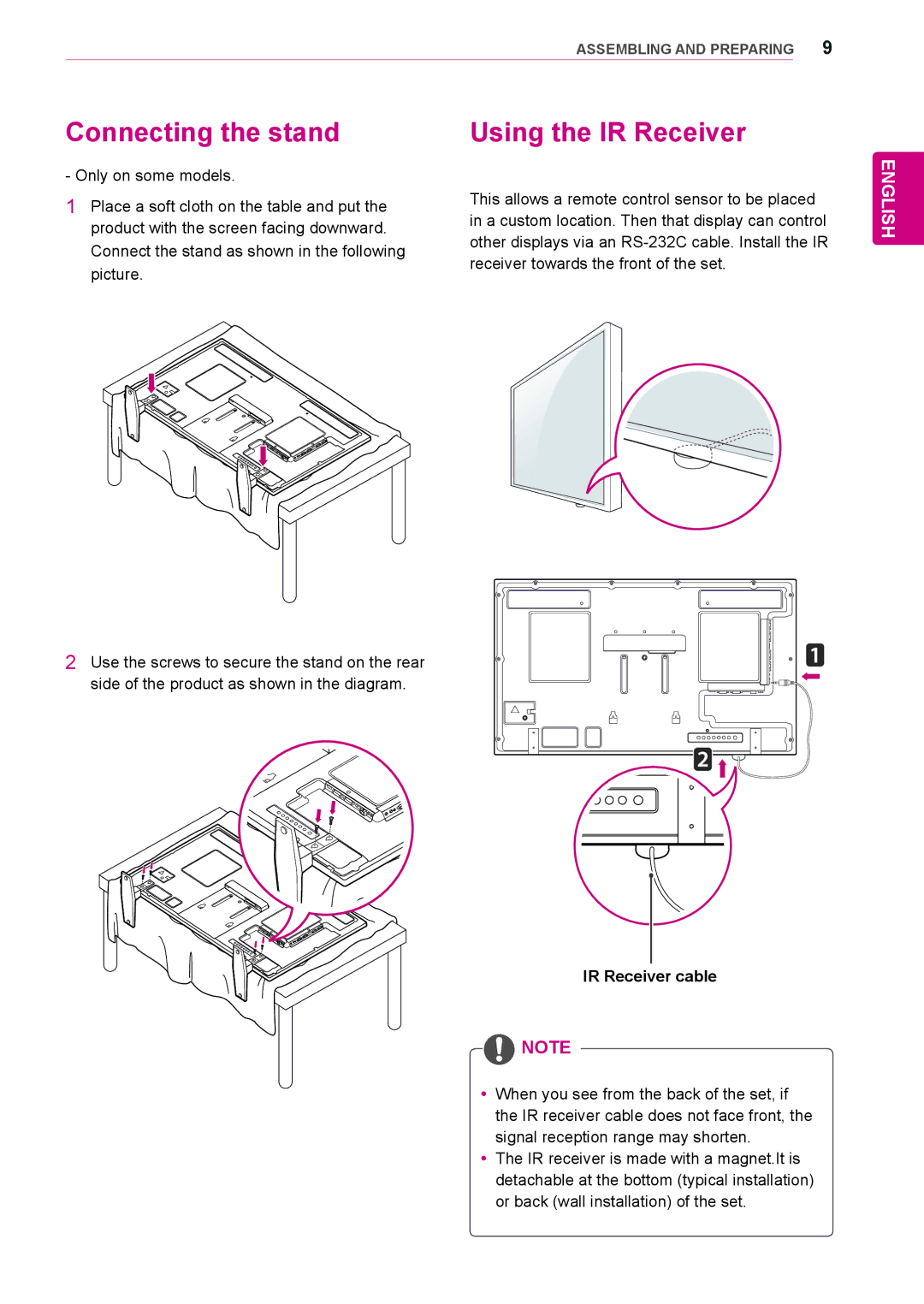 LG Electronics 47WS50BS, 42WS50BS owner manual Connecting the stand, Using the IR Receiver, IR Receiver cable 