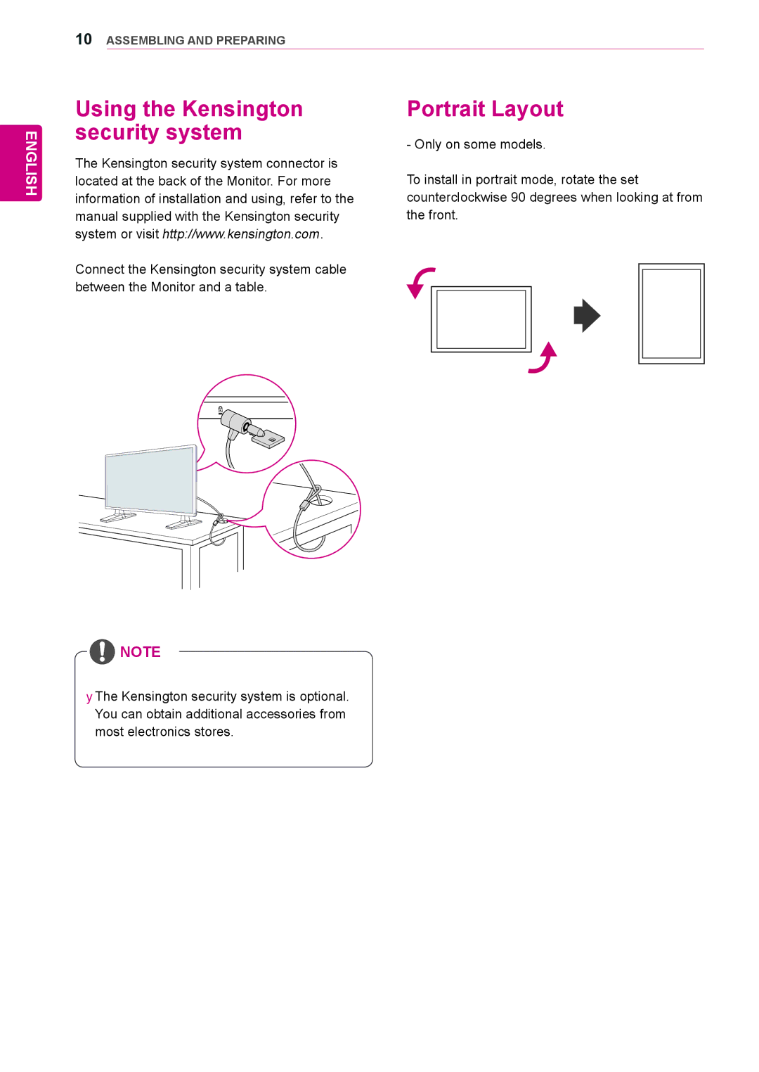 LG Electronics 42WS50MS, 47WS50MS owner manual Using the Kensington security system, Portrait Layout 