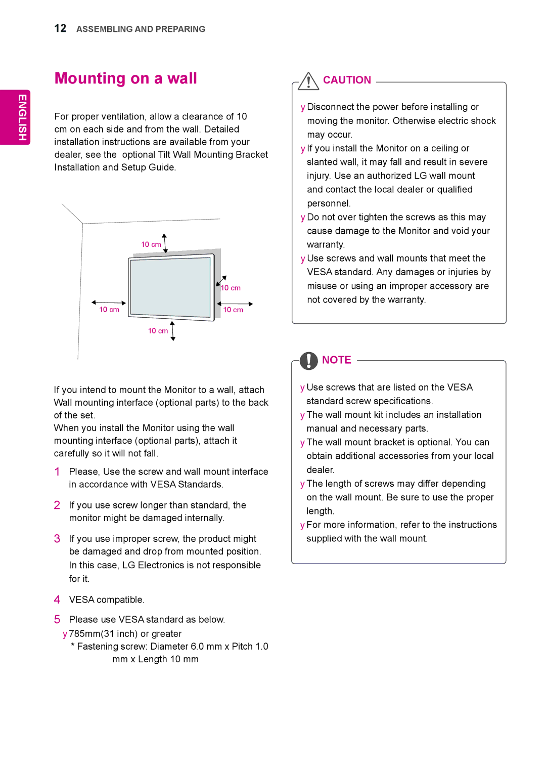 LG Electronics 42WS50MS, 47WS50MS owner manual Mounting on a wall 