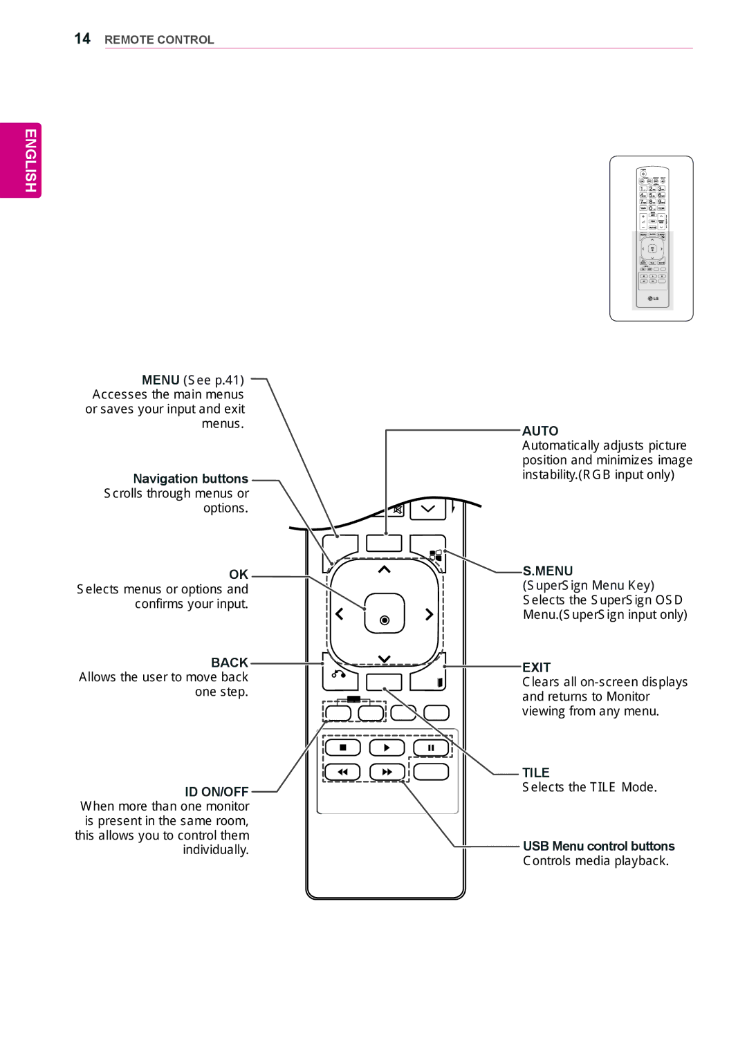 LG Electronics 42WS50MS, 47WS50MS owner manual Navigation buttons Scrolls through menus or, Options, Selects the Tile Mode 