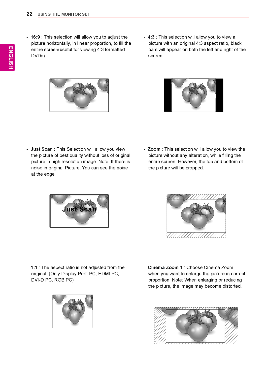 LG Electronics 42WS50MS Just Scan, Proportion. Note When enlarging or reducing, Picture, the image may become distorted 