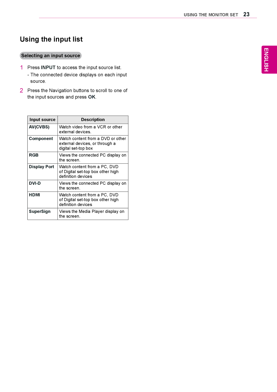 LG Electronics 47WS50MS, 42WS50MS owner manual Using the input list, Selecting an input source 