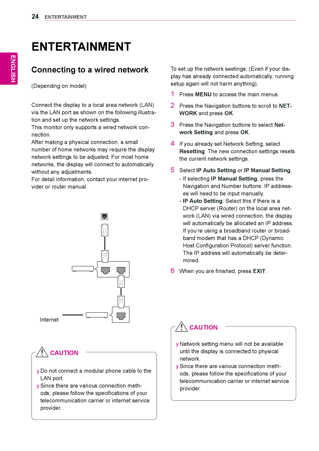 LG Electronics 42WS50MS Entertainment, Connecting to a wired network, Select IP Auto Setting or IP Manual Setting 