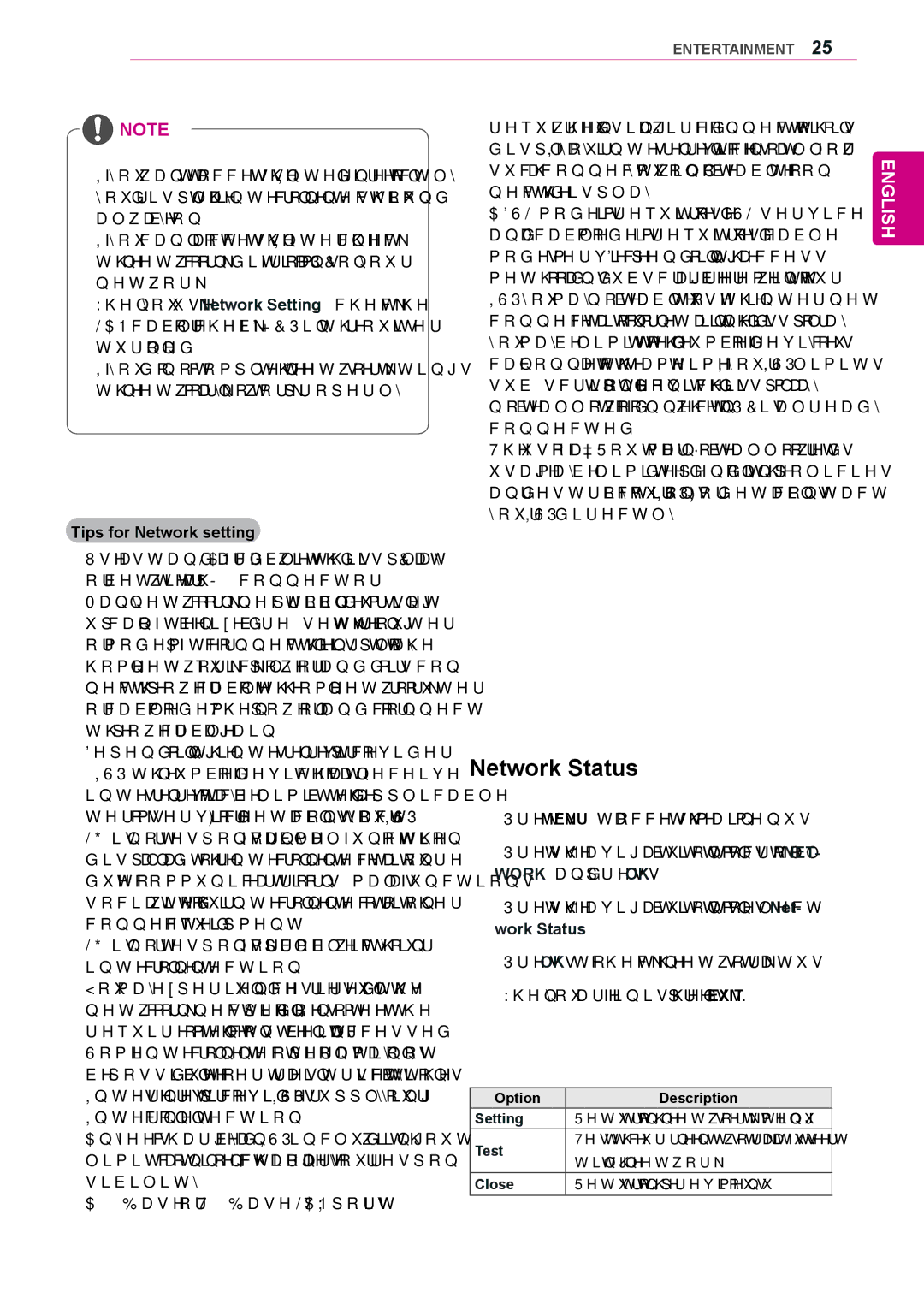 LG Electronics 47WS50MS Network Status, Tips for Network setting, Ting the network, Close Return to the previous menu 