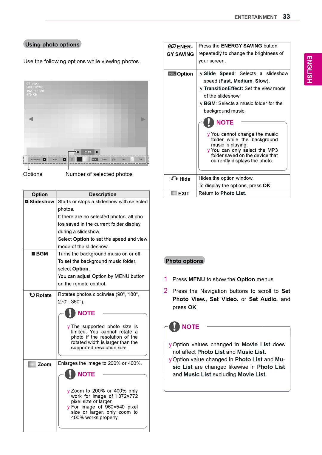 LG Electronics 47WS50MS, 42WS50MS Using photo options, Use the following options while viewing photos, Photo options 