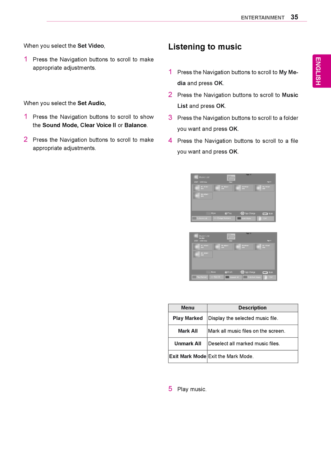 LG Electronics 47WS50MS, 42WS50MS owner manual Listening to music, Sound Mode, Clear Voice II or Balance 