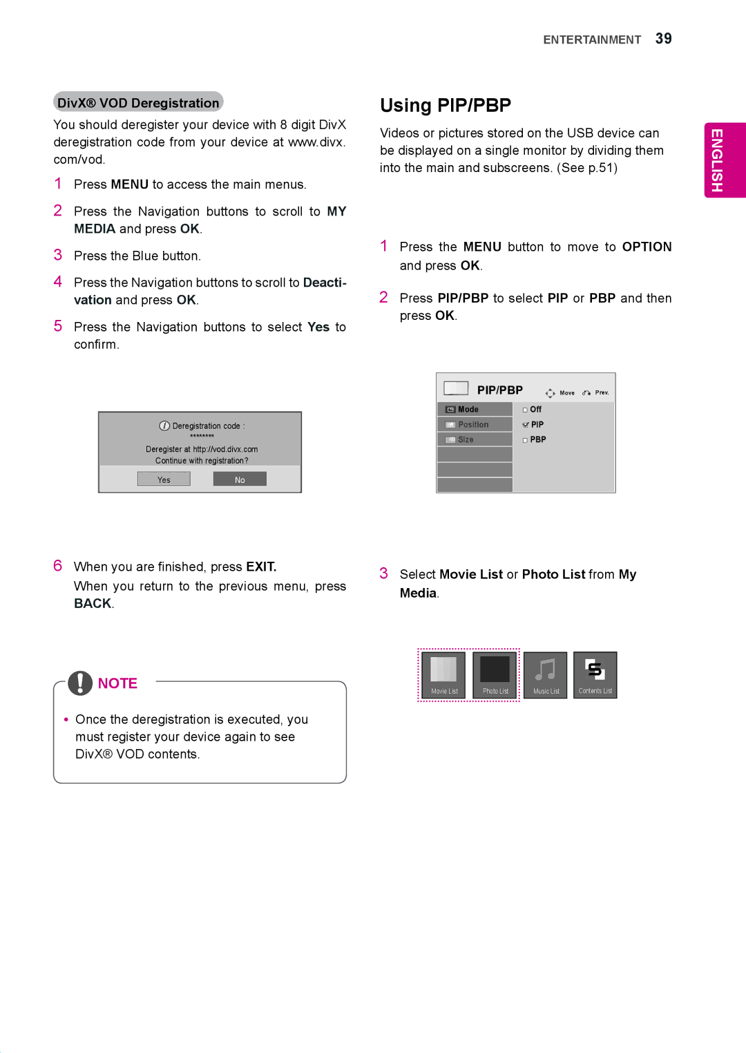 LG Electronics 47WS50MS, 42WS50MS owner manual Using PIP/PBP, Select Movie List or Photo List from My, Media, Pip/Pbp 