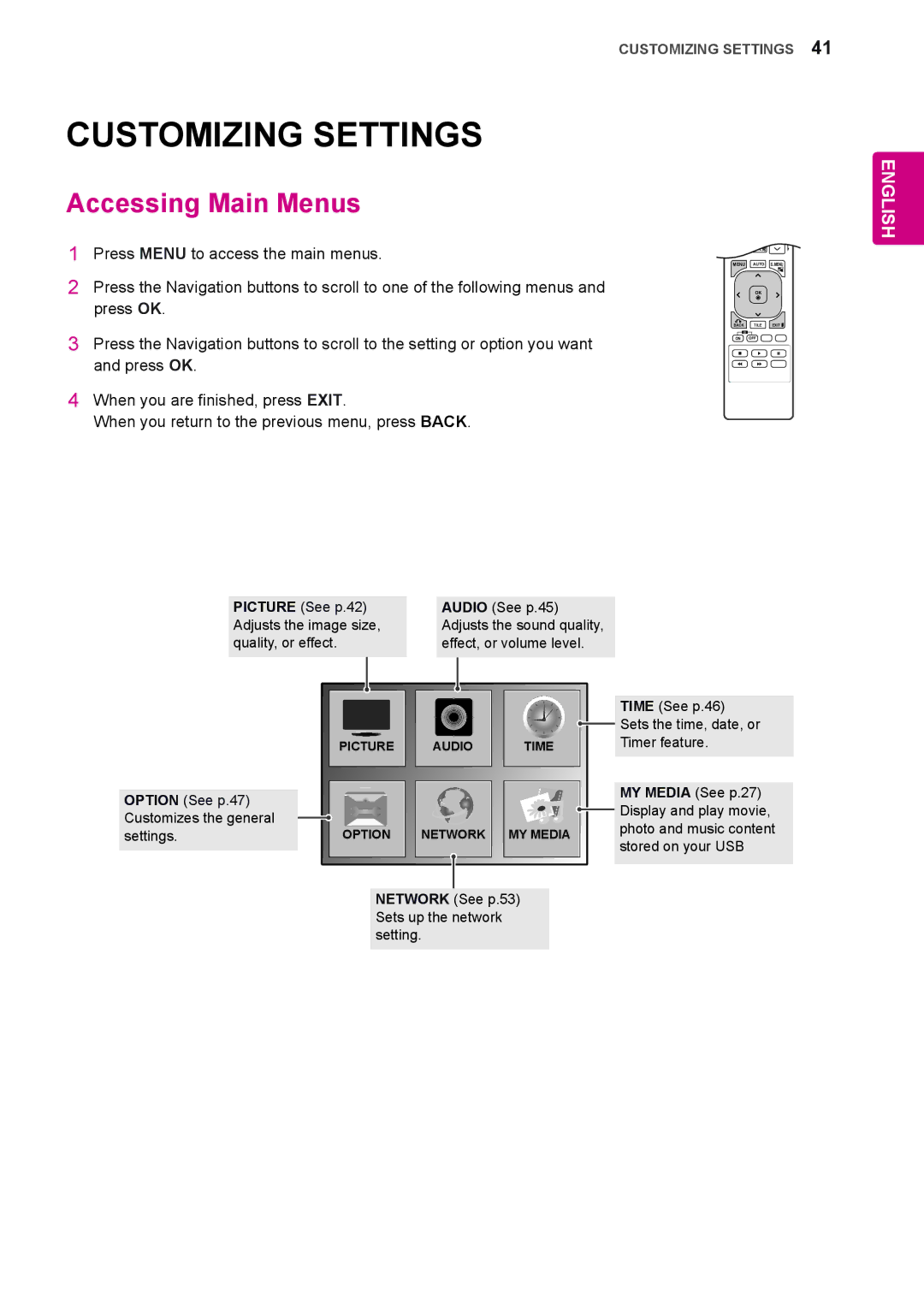 LG Electronics 47WS50MS, 42WS50MS owner manual Customizing Settings, Accessing Main Menus 