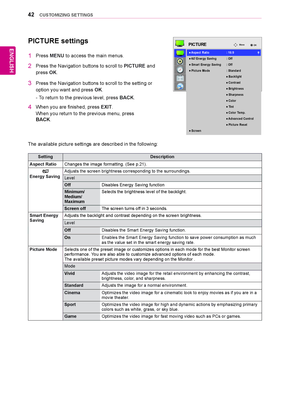 LG Electronics 42WS50MS, 47WS50MS owner manual Picture settings, Available picture settings are described in the following 