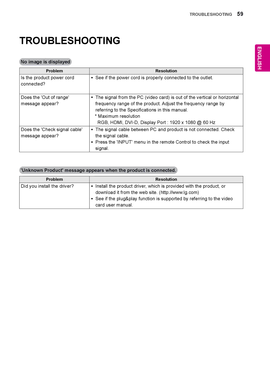 LG Electronics 47WS50MS, 42WS50MS owner manual Troubleshooting, No image is displayed, Problem Resolution 