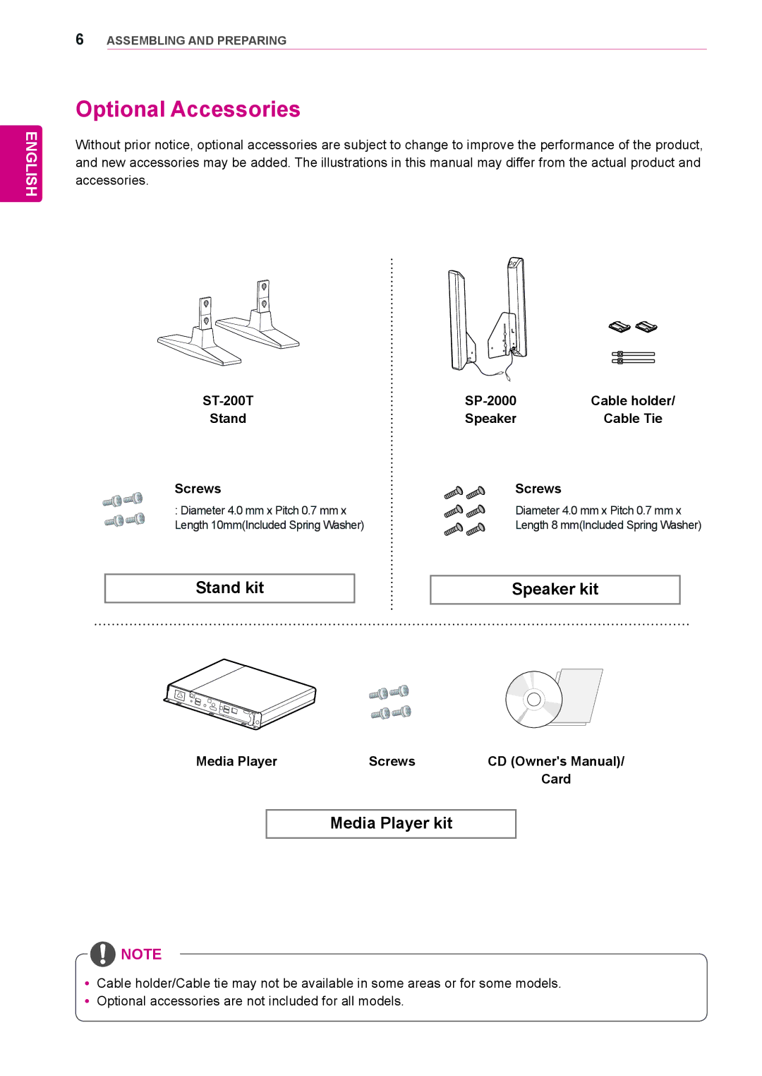 LG Electronics 42WS50MS Optional Accessories, ST-200T Stand Screws, SP-2000 Cable holder Speaker Cable Tie Screws 