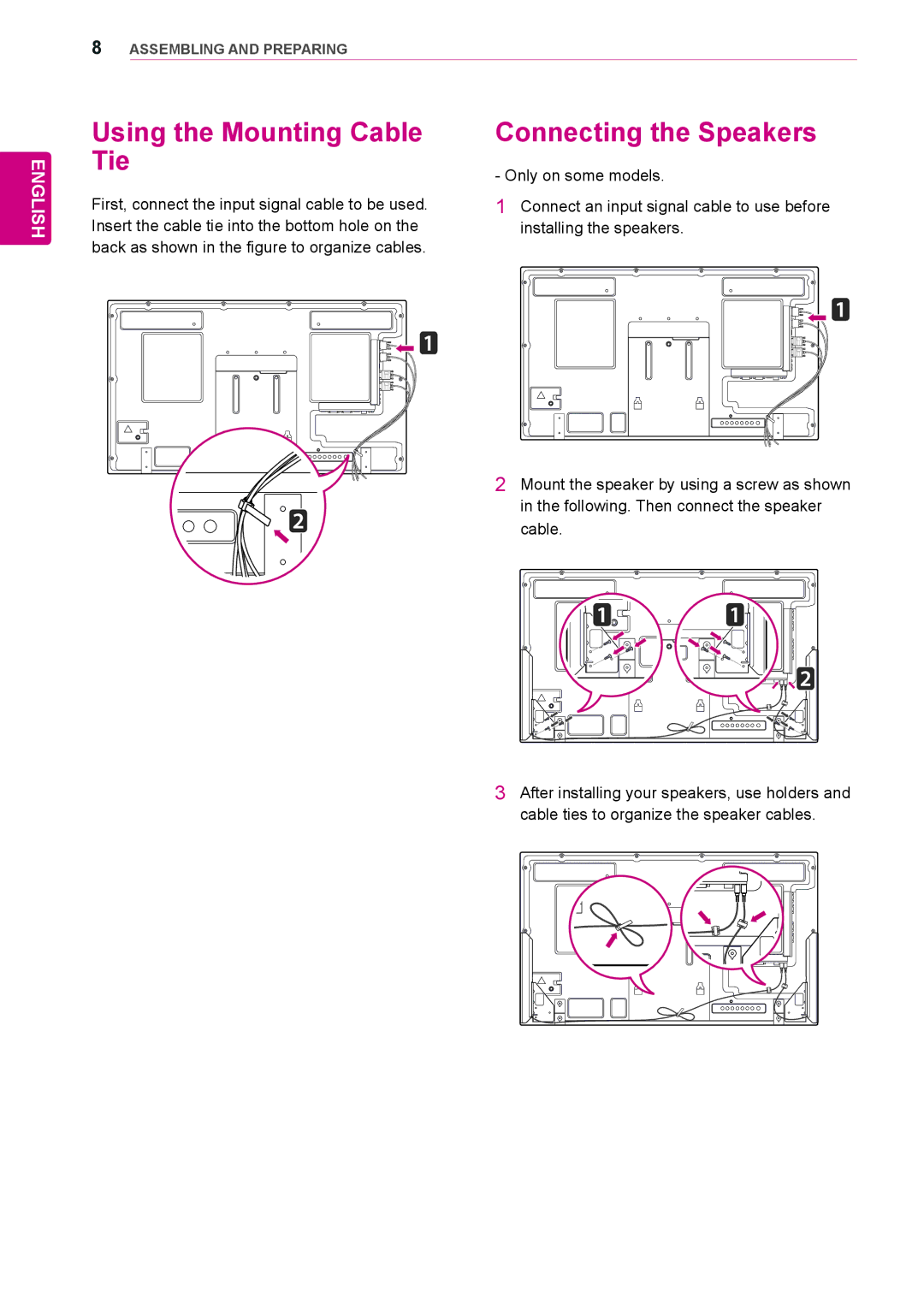 LG Electronics 42WS50MS, 47WS50MS owner manual Using the Mounting Cable Tie, Connecting the Speakers 