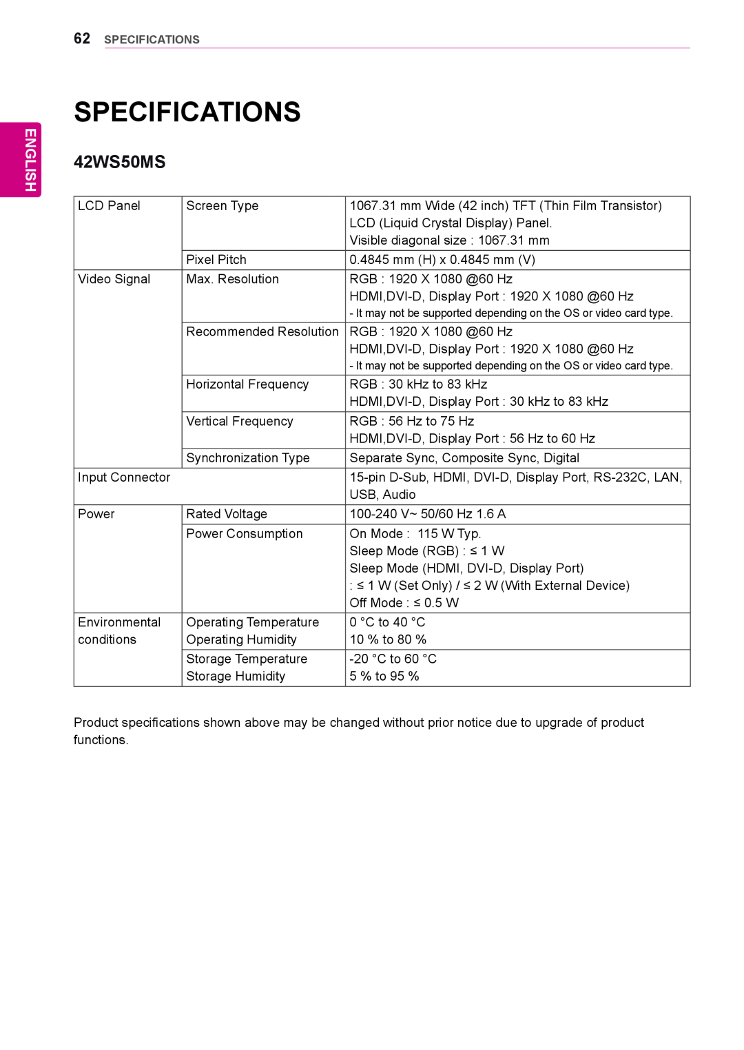 LG Electronics 42WS50MS, 47WS50MS owner manual Specifications, English 