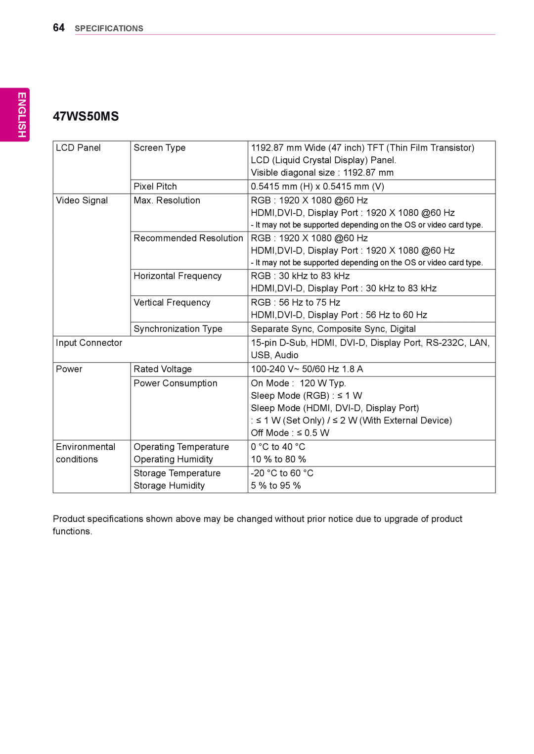 LG Electronics 42WS50MS owner manual 47WS50MS, English, Specifications 