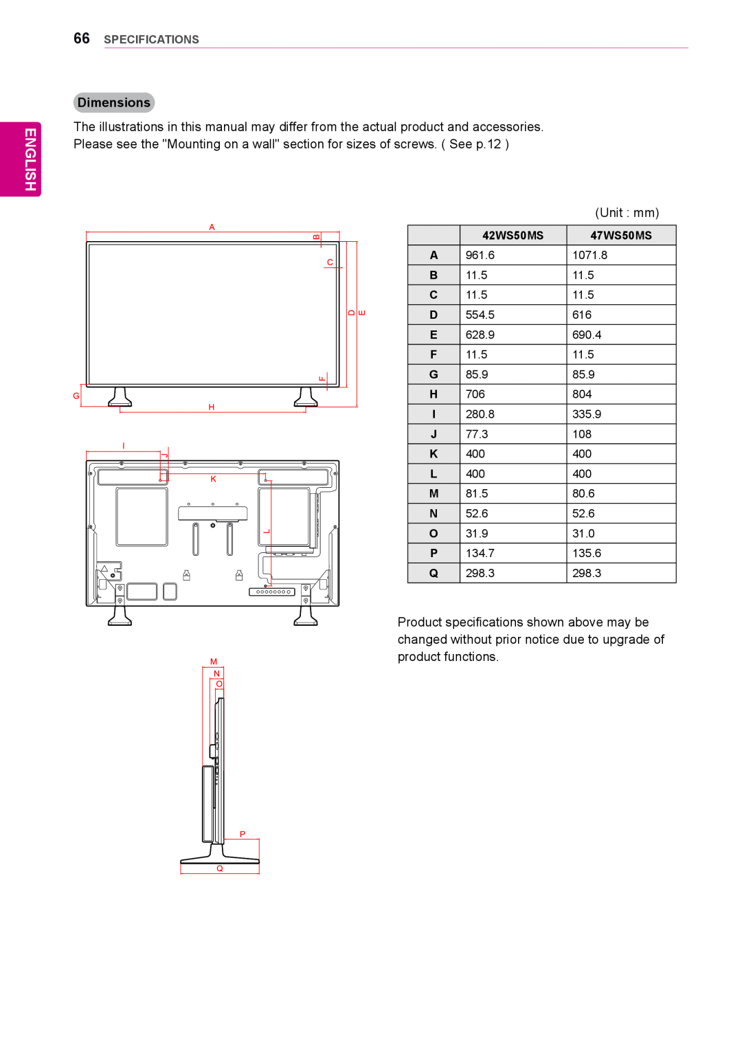 LG Electronics 42WS50MS, 47WS50MS owner manual English, Dimensions, Specifications 