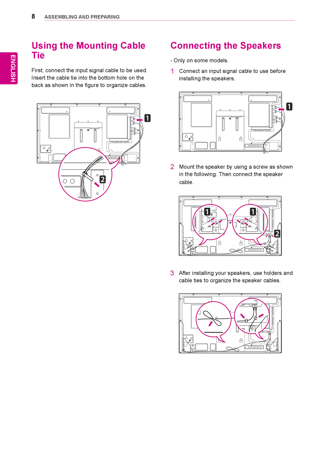 LG Electronics 42WS50MS, 47WS50MS owner manual Using the Mounting Cable Tie, Connecting the Speakers, English 