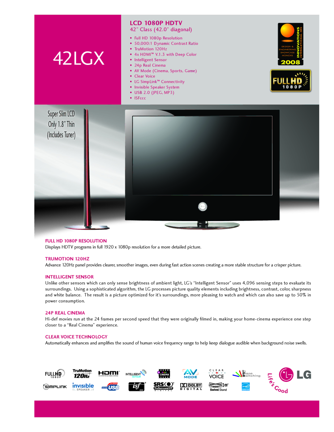 LG Electronics 42X manual Full HD 1080p Resolution, TruMotion 120Hz, Intelligent Sensor, 24p Real Cinema 