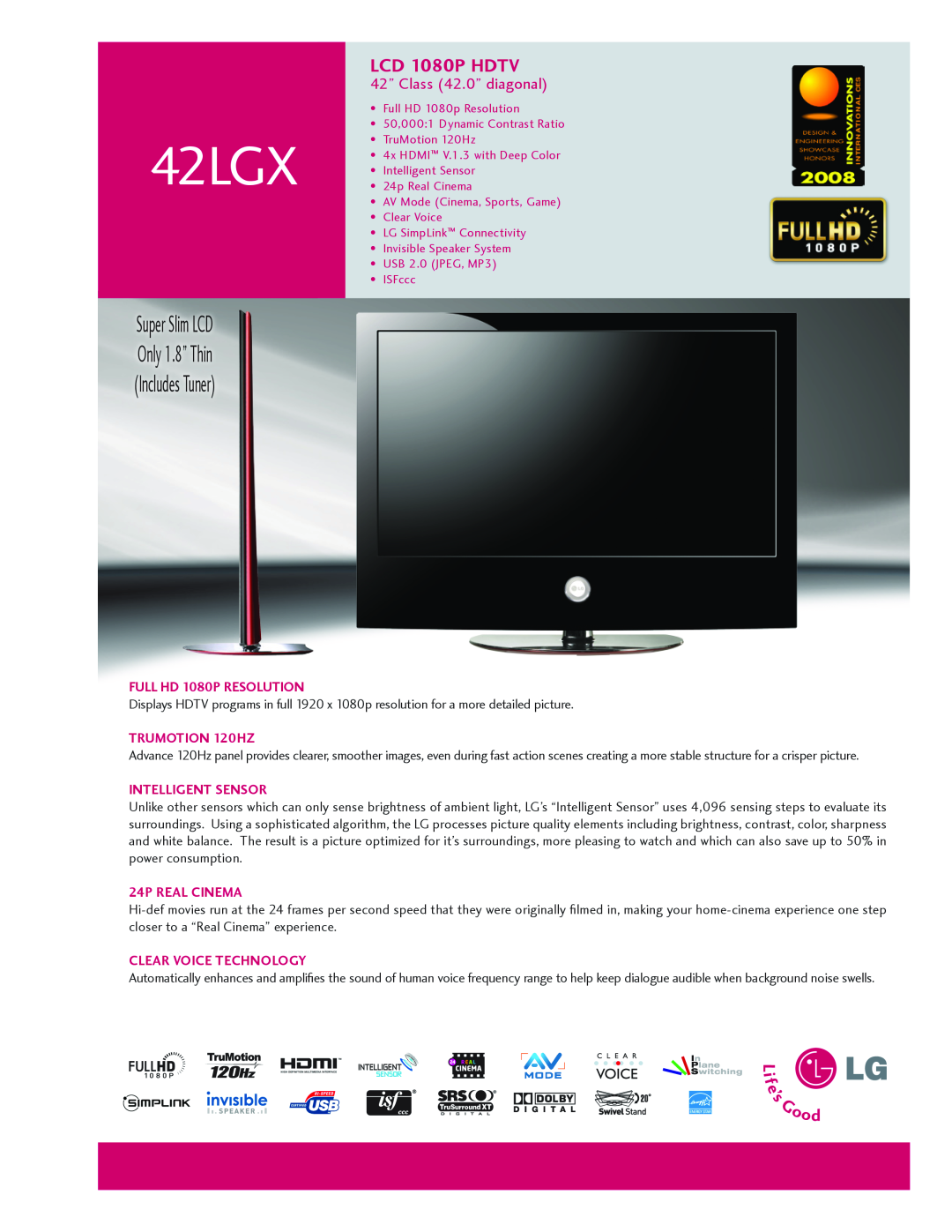 LG Electronics 42X manual LCD 1080p HDTV, 42” Class 42.0” diagonal, 42LGX, Full HD 1080p Resolution, TruMotion 120Hz 