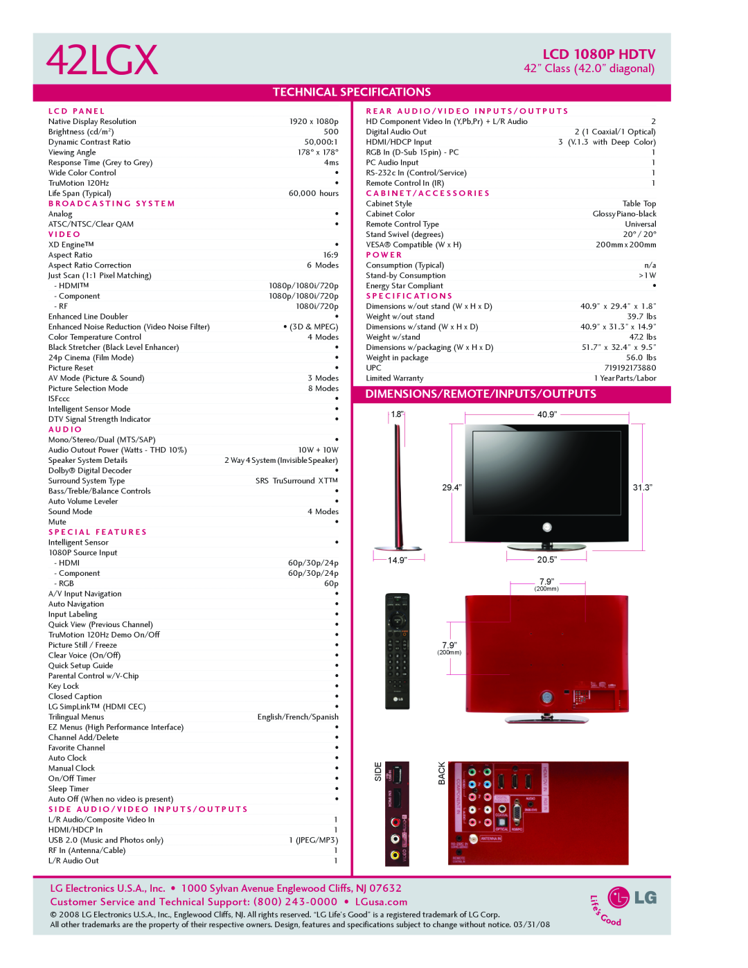 LG Electronics 42X manual 42LGX, LCD 1080p HDTV, 42” Class 42.0” diagonal, Technical, Dimensions/Remote/Inputs/Outputs 