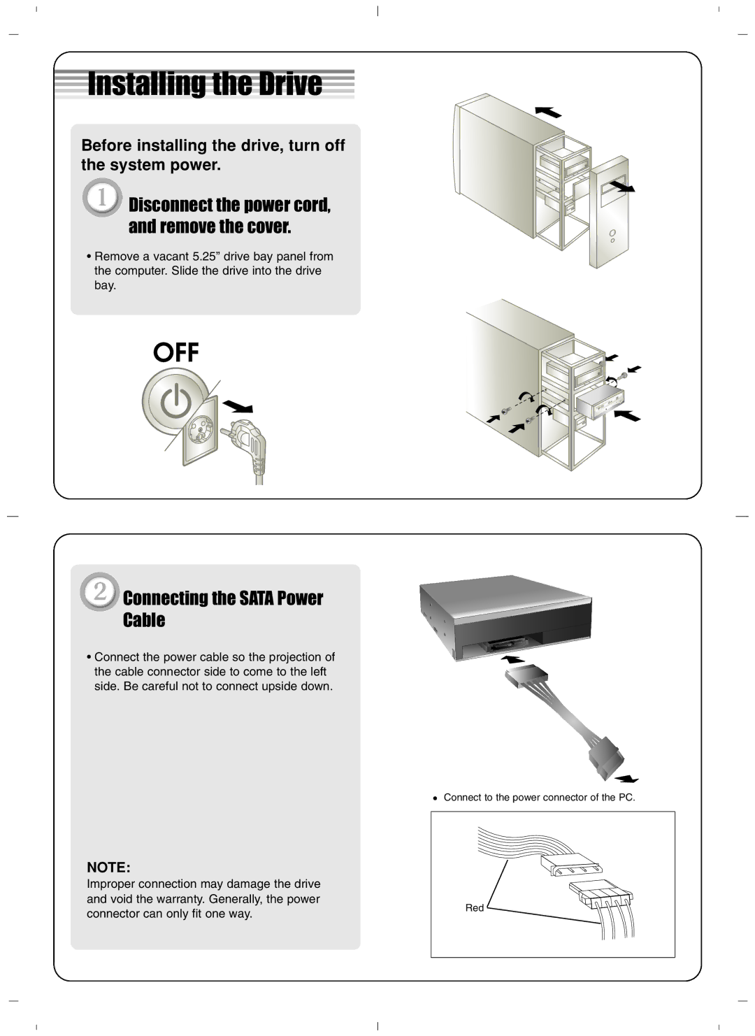 LG Electronics 430447 warranty Installing the Drive, Connecting the Sata Power Cable 