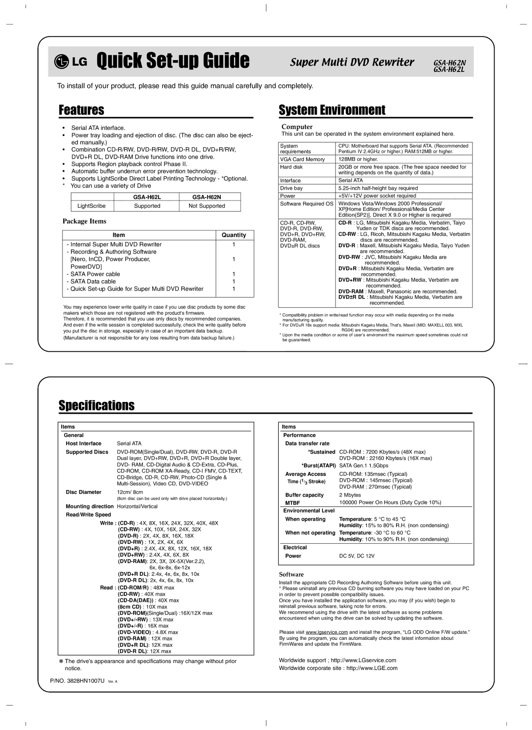 LG Electronics 430447 warranty Features, System Environment, Specifications, GSA-H62L GSA-H62N, Mtbf 