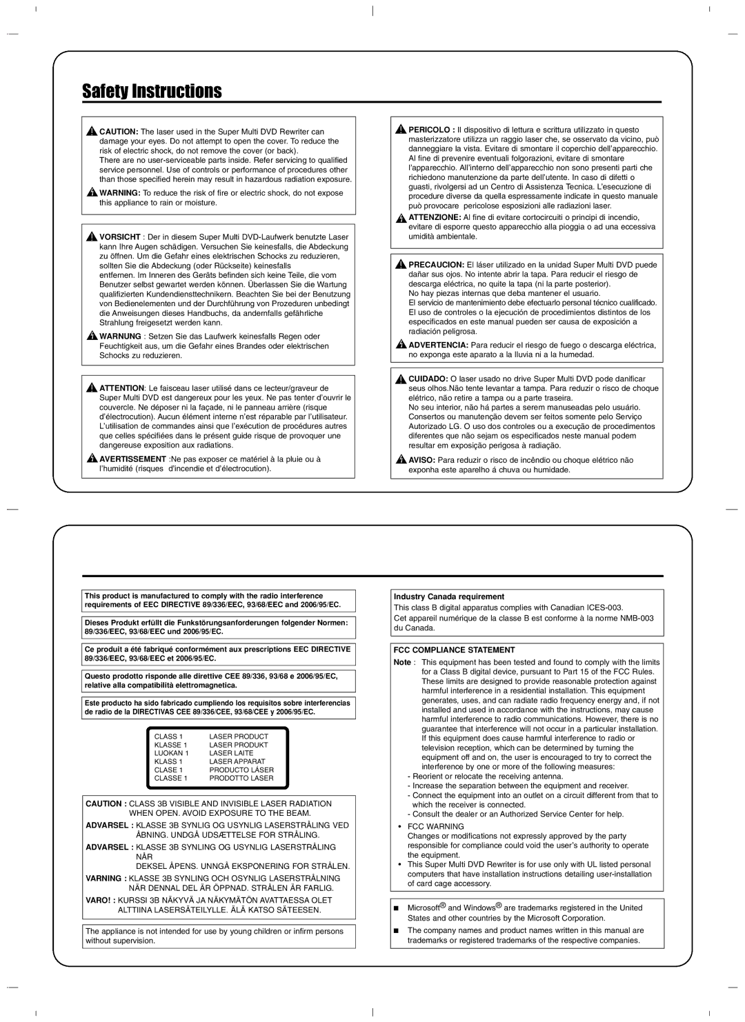 LG Electronics 430447 warranty Safety Instructions, Industry Canada requirement, FCC Compliance Statement, FCC Warning 