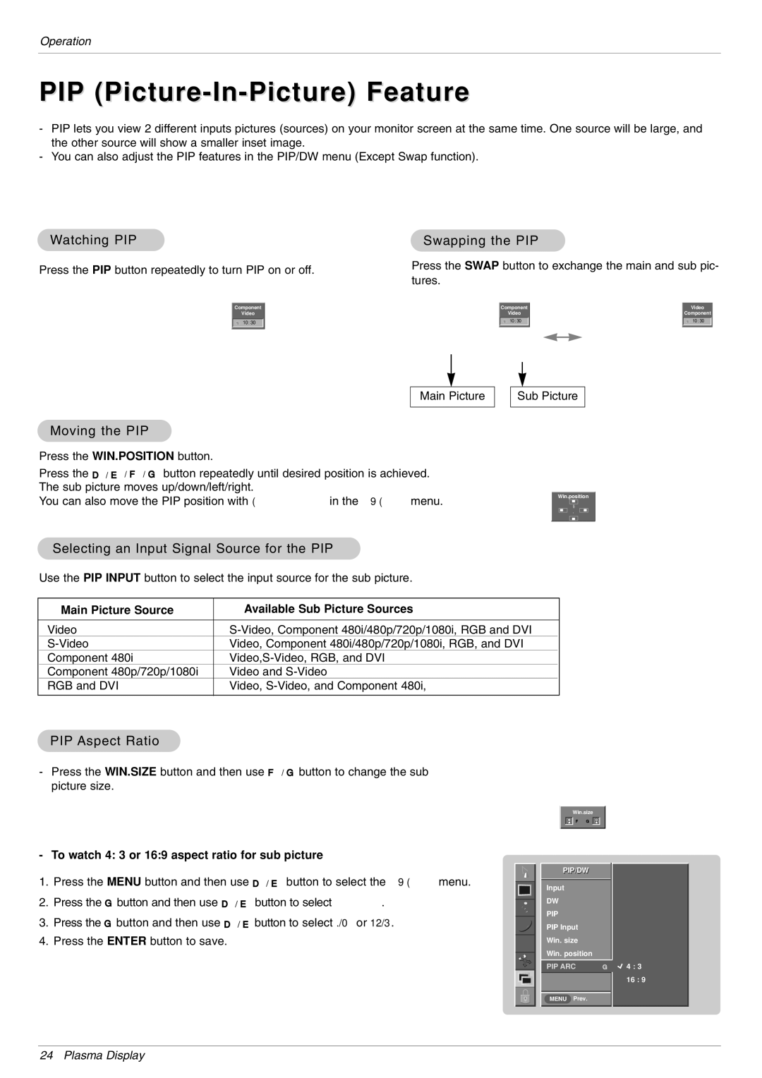 LG Electronics 44VR MU-42PZ44S, 44V MU-42PZ44A, 44VA MU-42PZ44B, 44MB, 44MK, 44VS MU-42PZ90, 90M PIP Picture-In-Picture Feature 