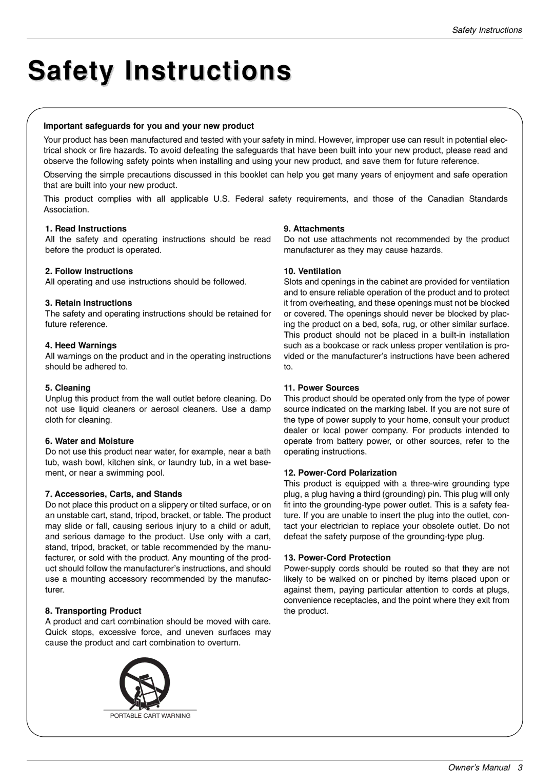 LG Electronics 44MB Important safeguards for you and your new product, Read Instructions, Attachments, Follow Instructions 