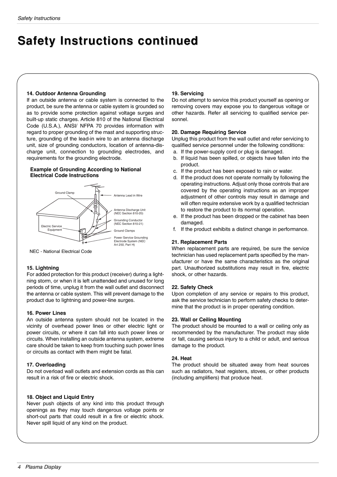 LG Electronics 44VR MU-42PZ44S, 44V MU-42PZ44A, 44VA MU-42PZ44B, 44MB, 44MK, 44VS MU-42PZ90, 44MR, 44MA Safety Instructions 