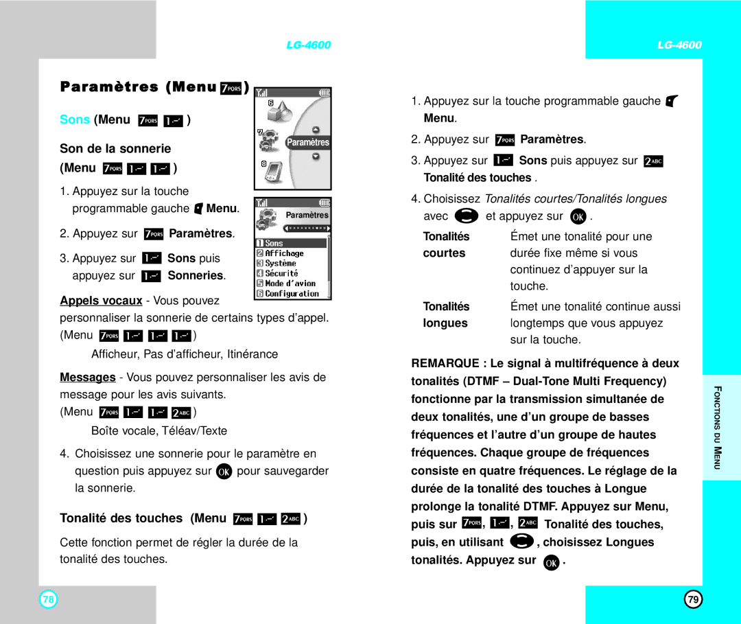 LG Electronics 4600 manual Paramètres Menu, Sons Menu, Son de la sonnerie Menu, Tonalité des touches Menu 