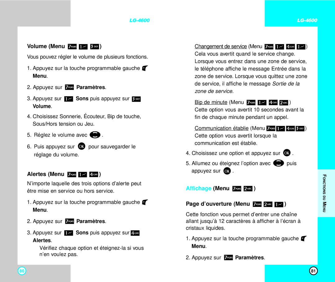 LG Electronics 4600 manual Alertes Menu, Affichage Menu, D’ouverture Menu 