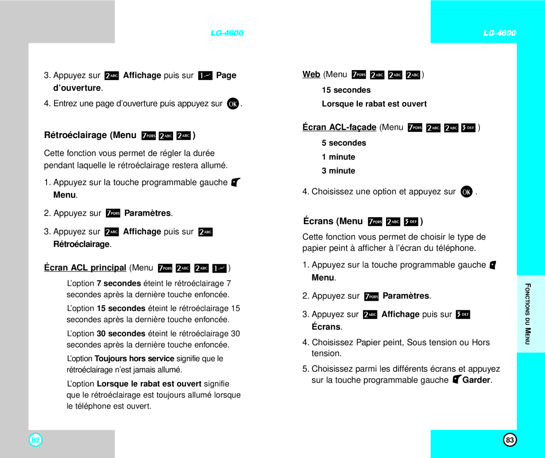 LG Electronics 4600 manual Rétroéclairage Menu, Écrans Menu, Écran a CL principal Menu 