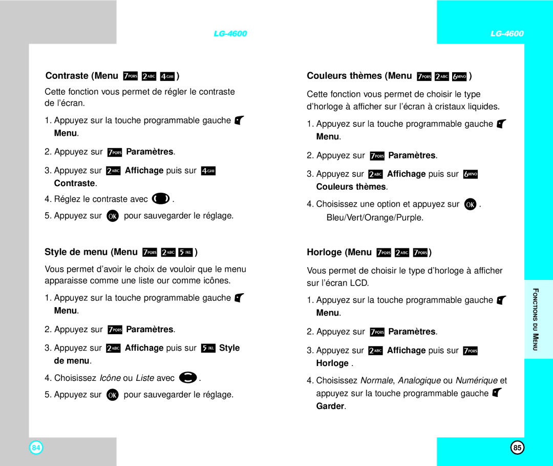LG Electronics 4600 manual Contraste Menu, Style de menu Menu, Couleurs thèmes Menu, Horloge Menu 