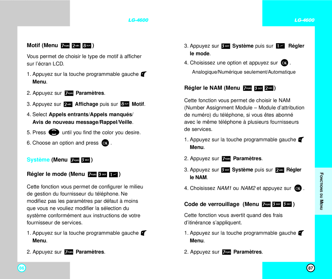 LG Electronics 4600 manual Motif Menu, Système Menu, Régler le mode Menu, Régler le NAM Menu, Code de verrouillage Menu 