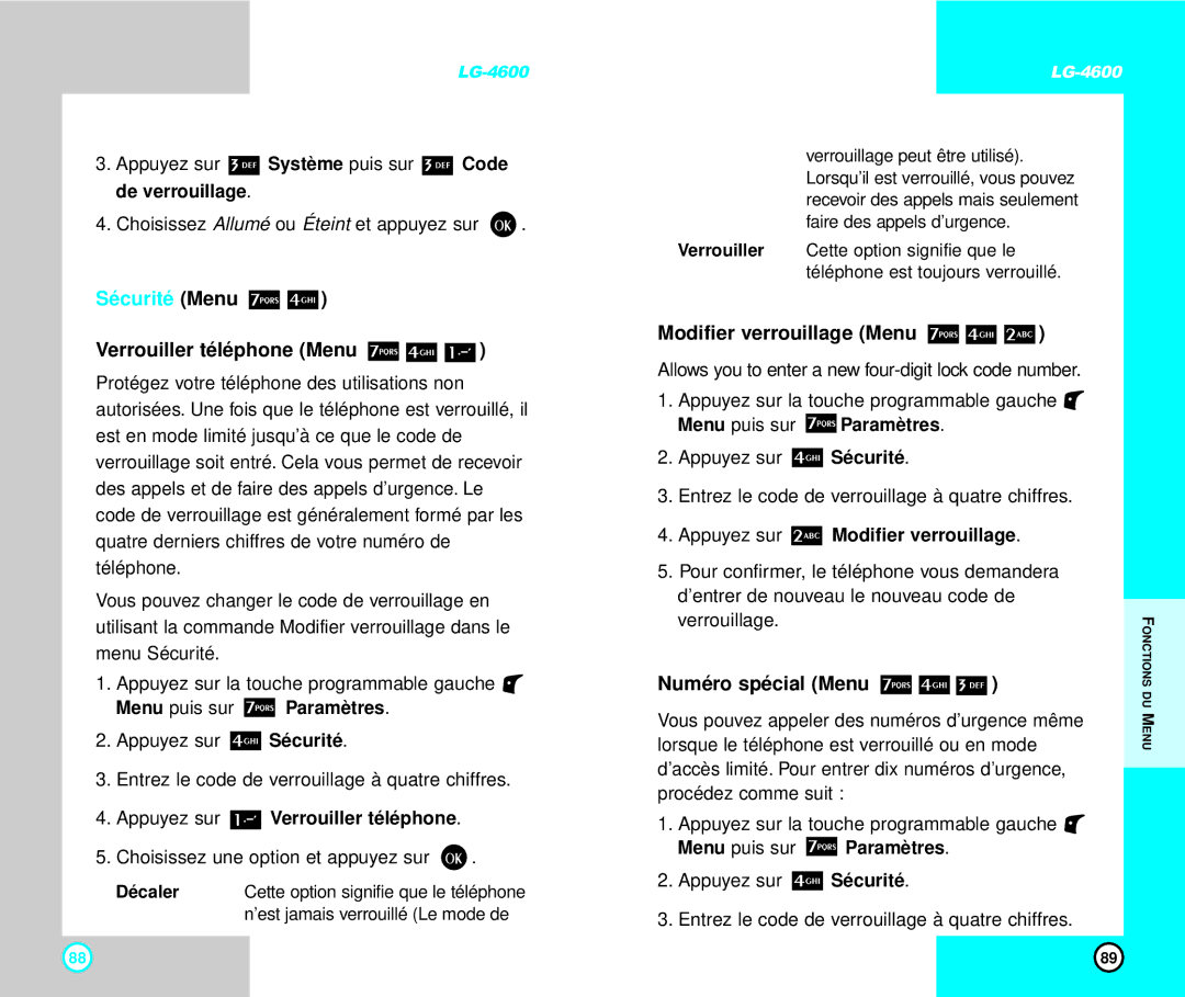 LG Electronics 4600 manual Sécurité Menu, Verrouiller téléphone Menu, Modifier verrouillage Menu, Numéro spécial Menu 