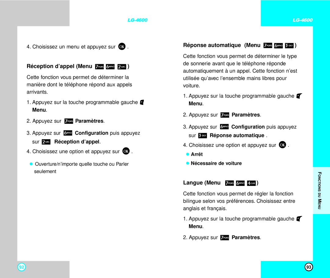 LG Electronics 4600 manual Réception d’appel Menu, Réponse automatique Menu, Langue Menu 