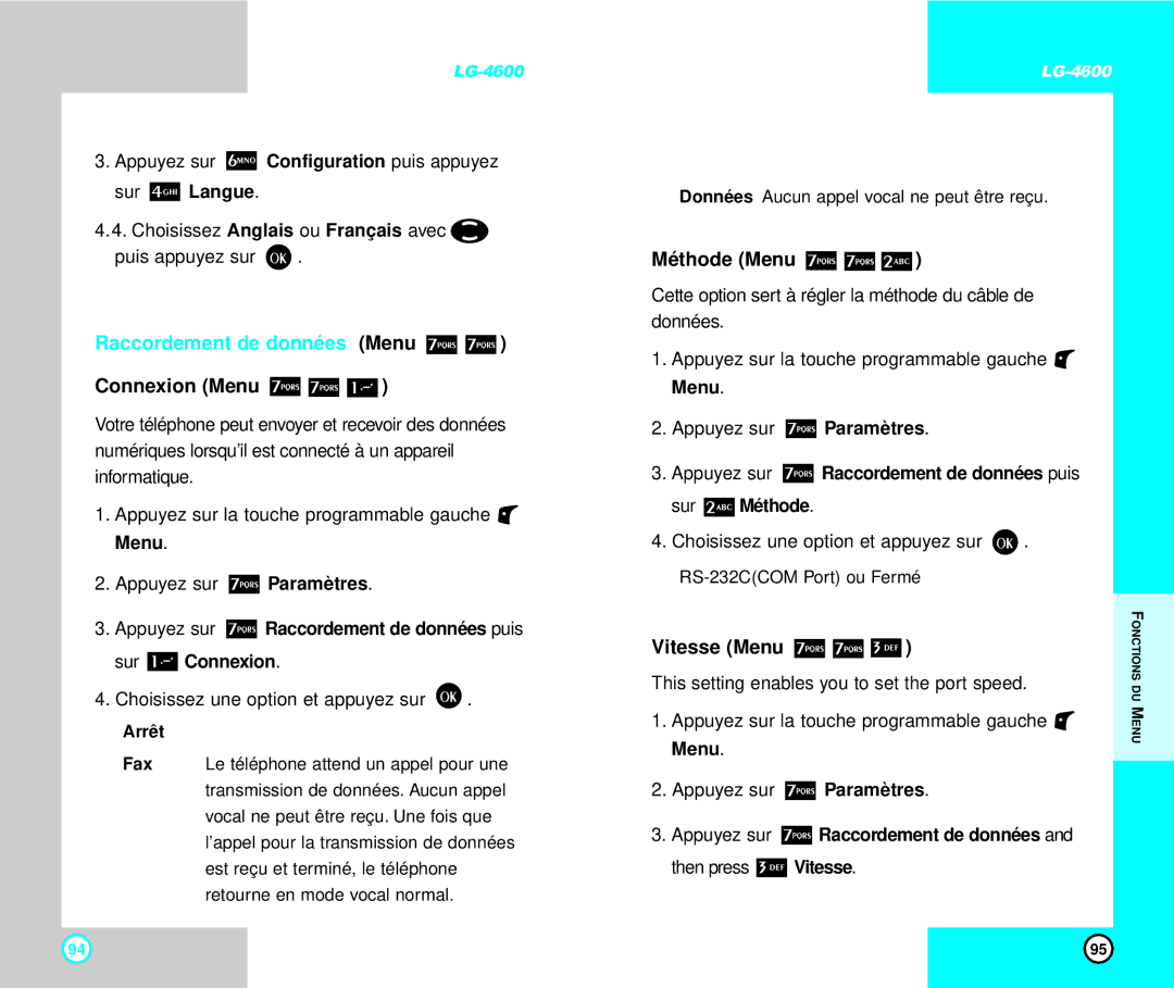 LG Electronics 4600 manual Raccordement de données Menu, Connexion Menu, Méthode Menu, Vitesse Menu 