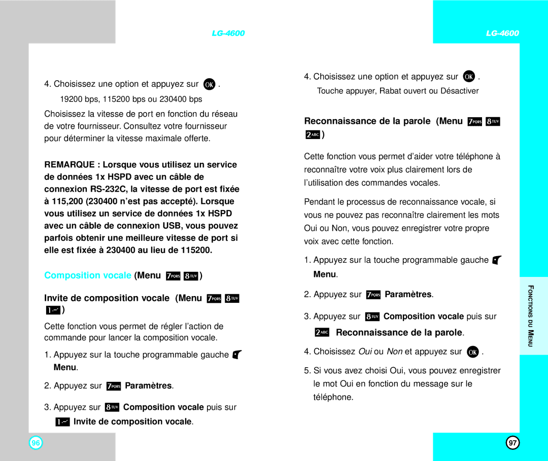 LG Electronics 4600 manual Invite de composition vocale Menu, Reconnaissance de la parole Menu 