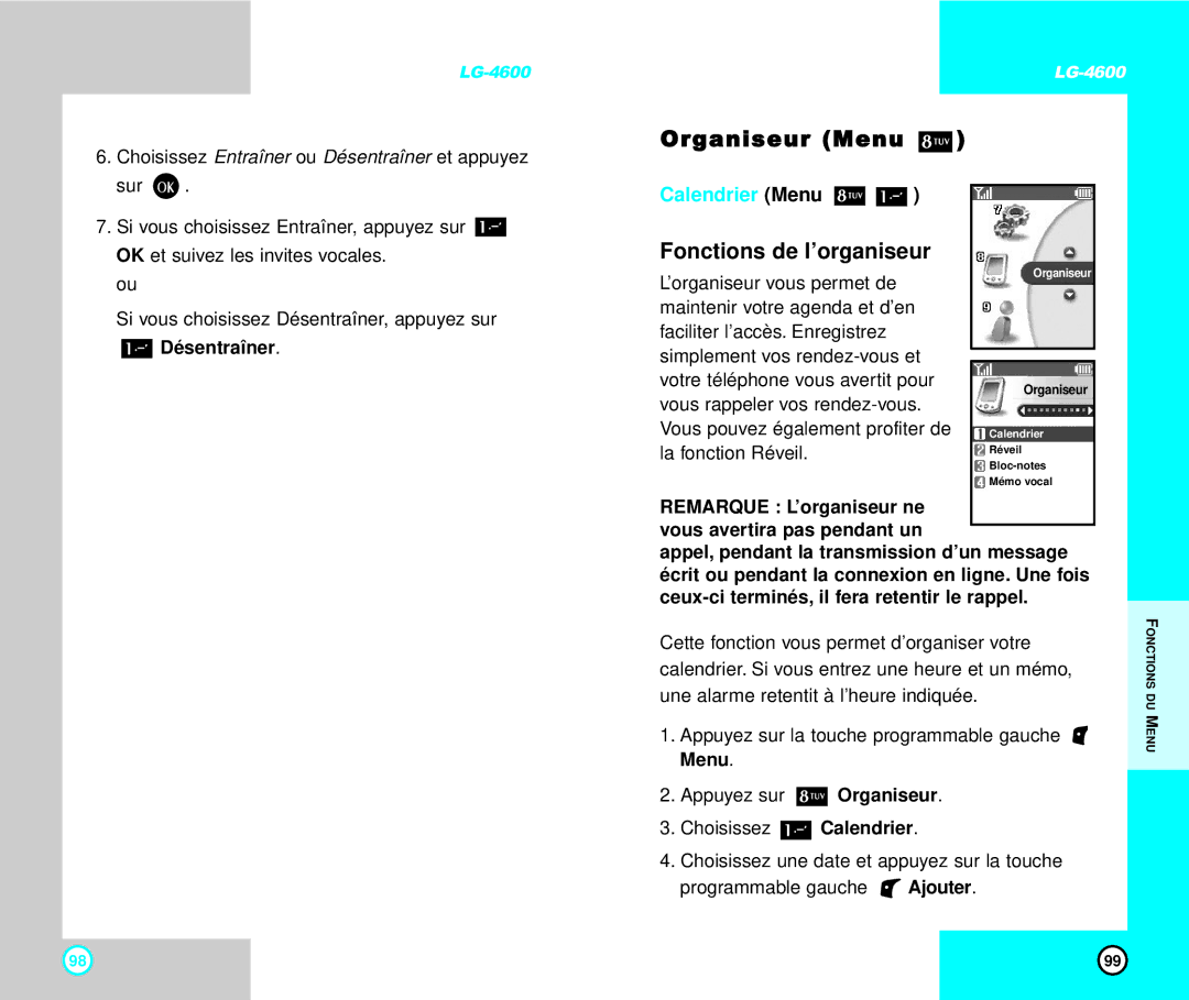 LG Electronics 4600 manual Organiseur Menu, Calendrier Menu, Désentraîner 